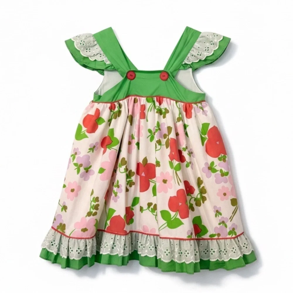 Rosa Flamengo Girl’s Floral Dress W/Eyelet Sleeves/Hem Handmade NWT